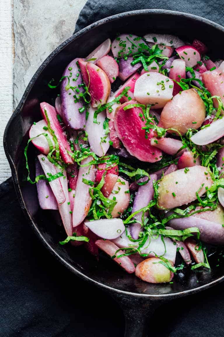 Simple Sautéed Radishes with Chives Recipe and the Ultimate Guide to Radishes on Healthy Seasonal Recipes #radishes #lowcarb #sidedish #spring #healthy